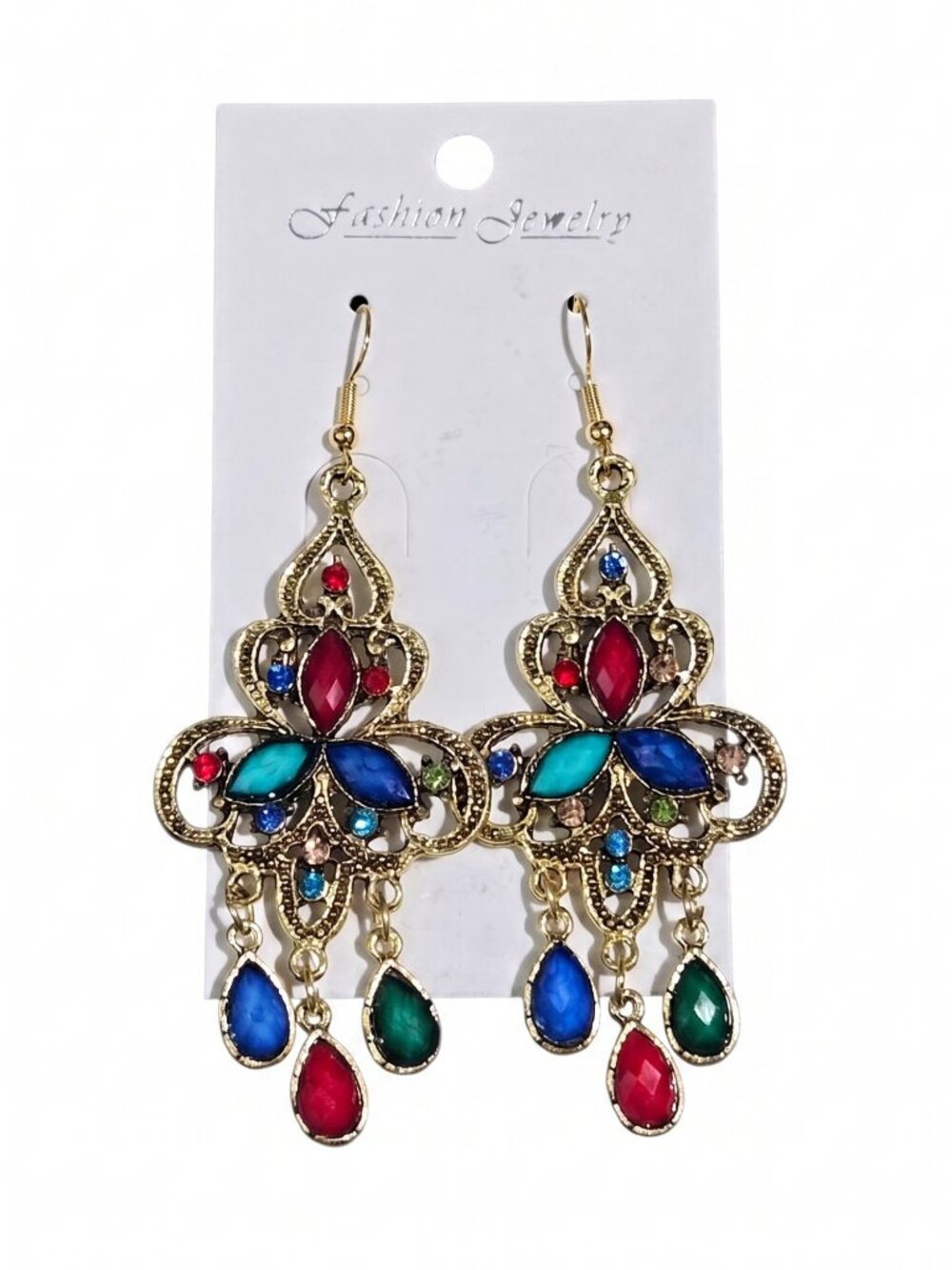 3/$20 NWT | Multi Color Jewel Antique Gold Chandelier Drop Earrings Boho | OS